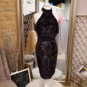 Black Sequin Halter Dress